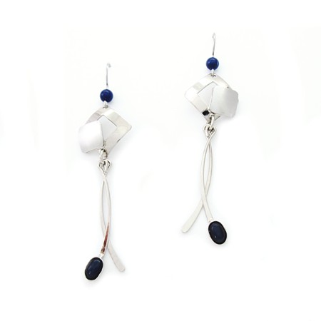 Long Dainty Silvertone Dangles with Navy Catsite by Crono Design - Click Image to Close